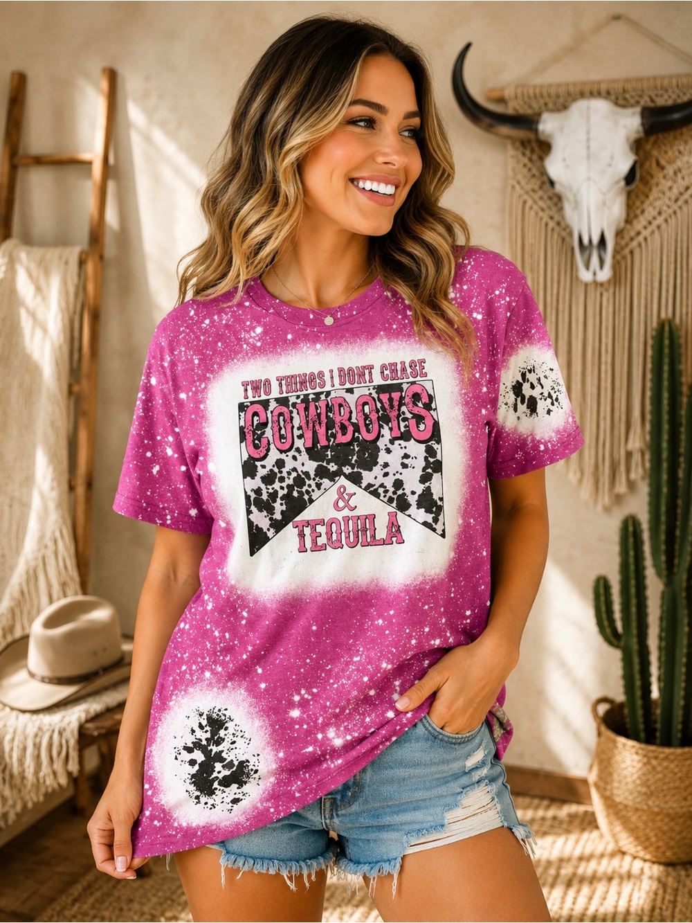 Gildan Pink Bleach-Effect Cowboys & Tequila Graphic Tee